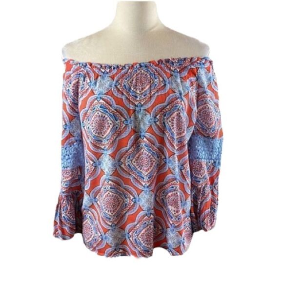 Crown & Ivy Orange and Blue Paisley Bell Sleeve Top, Size PS - Picture 2 of 9
